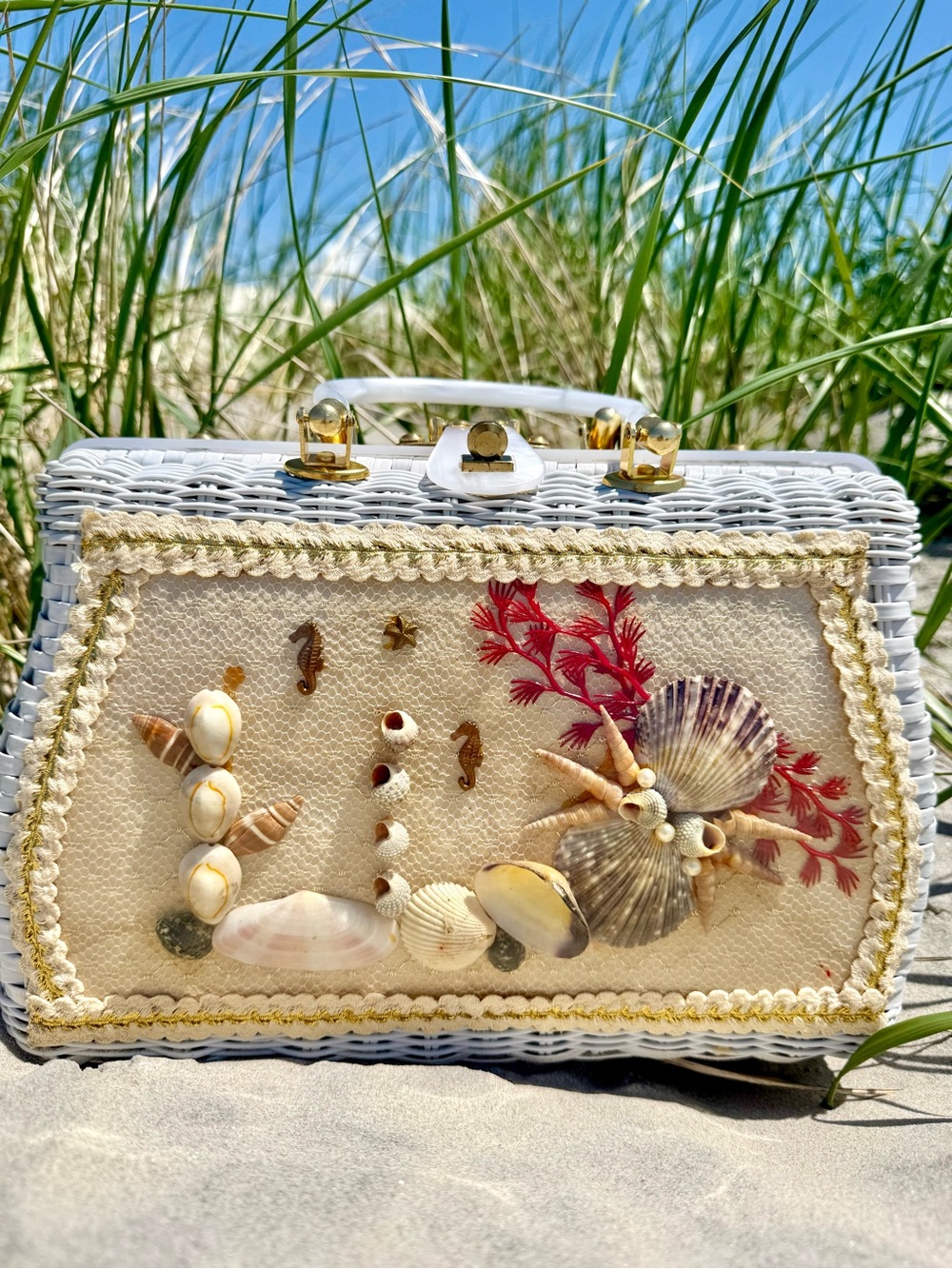 Vintage Princess Charming by Atlas Shell Wicker Lucite Box Purse Summer
